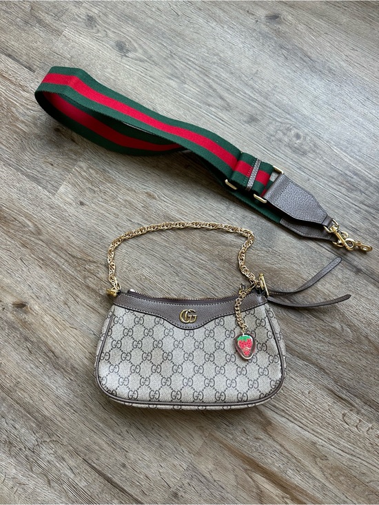 Gucci Handbags - Gucci Beige GG Supreme Mini Bag with Green-Red Web Strap and Gold Chain